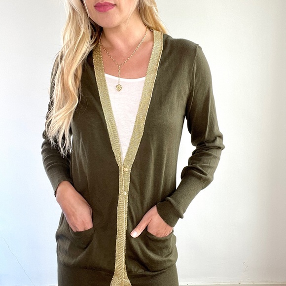 J. Crew Sweaters - J. Crew Olive Green & Metallic Gold V Neck Cardigan